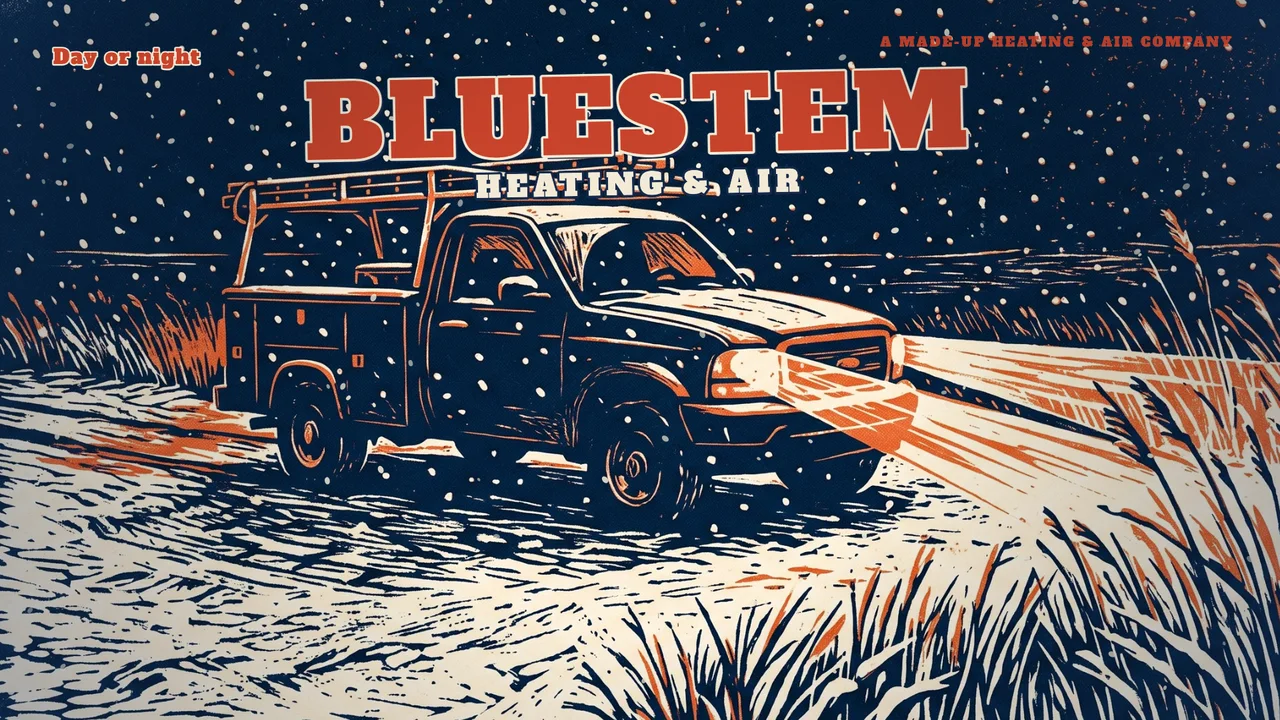 A service truck in the snow under the words Bluestem Heating & Air, as a two-colour print