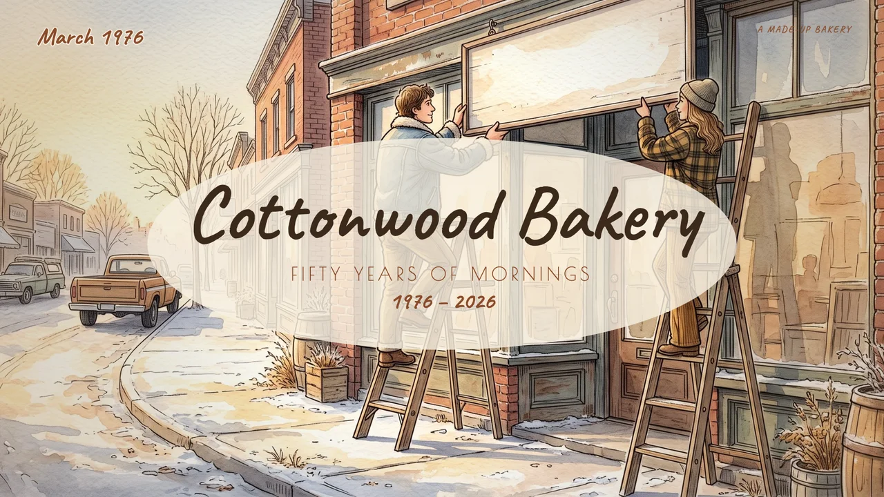 A watercolour of a young couple hanging the sign on a small-town bakery in 1976