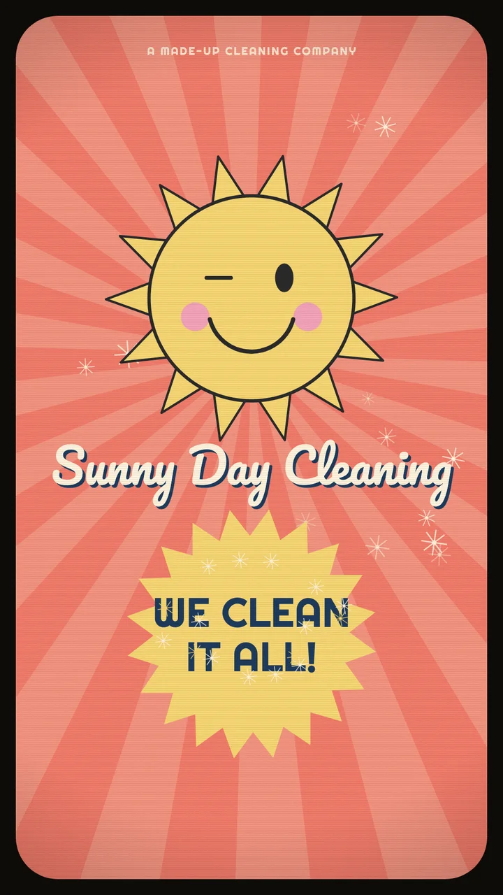 A winking cartoon sun over the words Sunny Day Cleaning, We clean it all